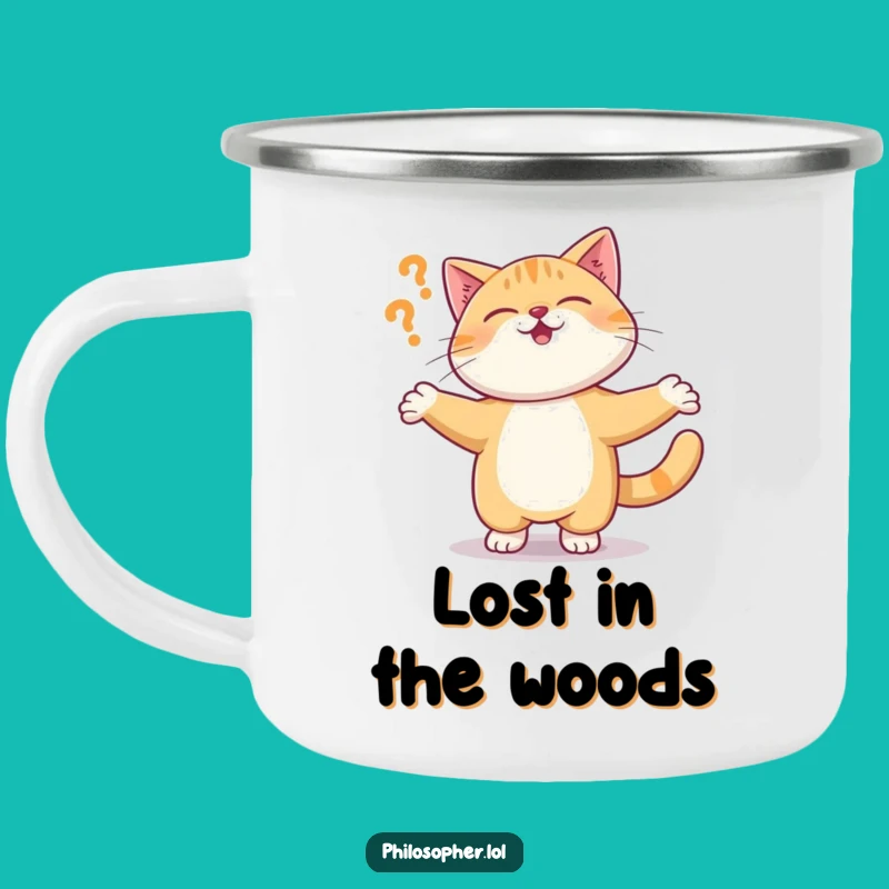 Funny Cat Camping Mug: Giggling Kitty Questioning Reality, Outdoor Absurdity
