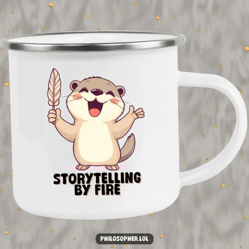 Funny camping mug with a cheerful otter gesturing wildly with a feather quill, perfect for creative outdoor moments.