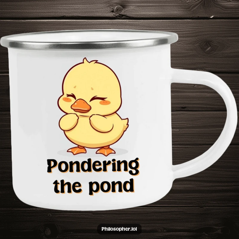 Funny duckling camping mug with a wobbly duckling deeply thinking, for hilarious outdoor pondering.