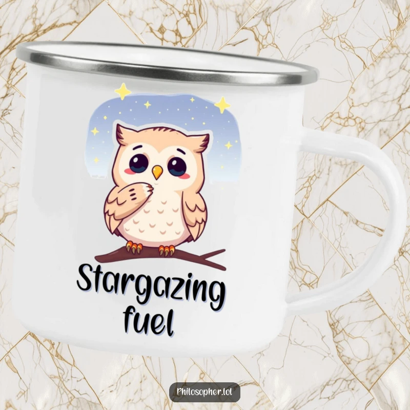 Funny camping mug with a thoughtful owl gazing at a starry sky, perfect for outdoor enthusiasts who enjoy quiet contemplation and a warm drink.