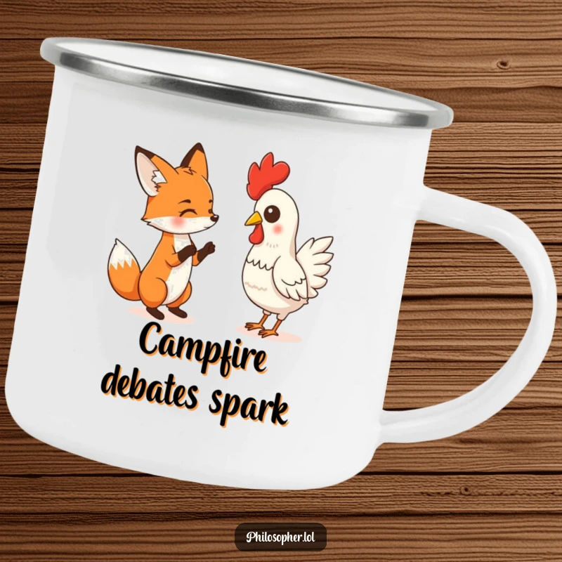 Funny camping mug depicting a fox debating a rubber chicken, perfect for sipping drinks outdoors with a dose of absurd, portable humor.