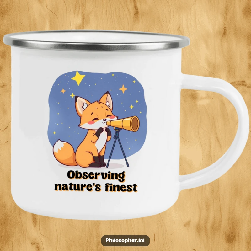Funny Fox Camping Mug: A curious fox gazes at stars with a telescope. This rugged, humorous mug is ideal for outdoor fun, a funny gift.