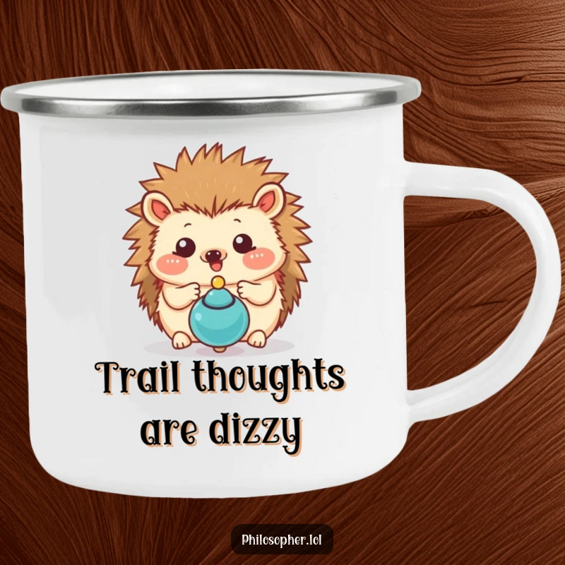 Funny hedgehog camping mug illustrating a happy hedgehog observing a spinning top, perfect for sipping beverages outdoors.
