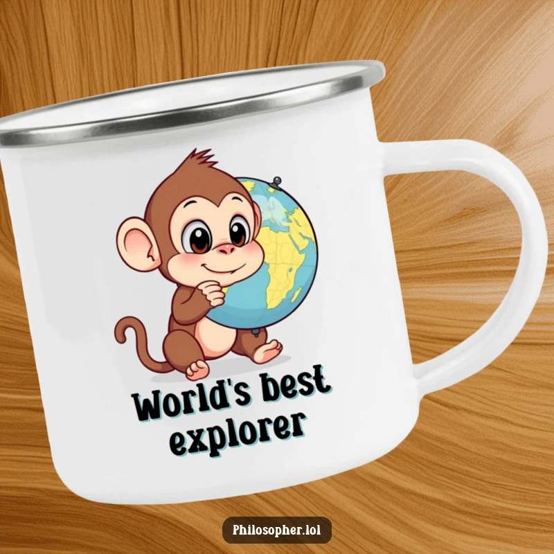 Funny monkey camping mug, outdoors, silly primate contemplating a spinning globe, durable and humorous drinkware.