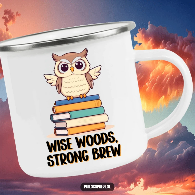 Funny owl camping mug, with a proud owl on books, ideal for outdoor reading sessions and humorous adventures.
