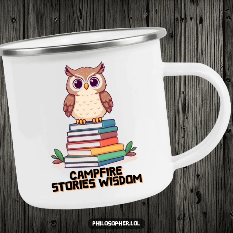 Funny owl camping mug with a proud owl on books, ideal for enjoying drinks around the campfire.