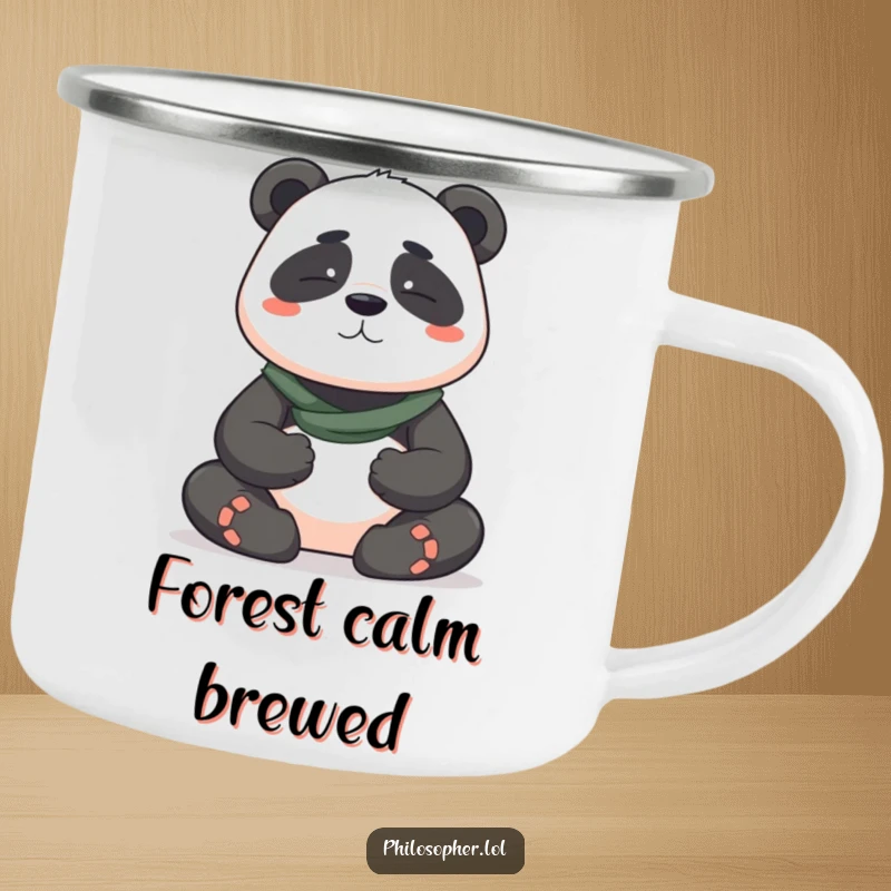 Funny camping mug displaying a brave panda meditating serenely, ideal for enjoying beverages with peaceful and humorous vibes outdoors.