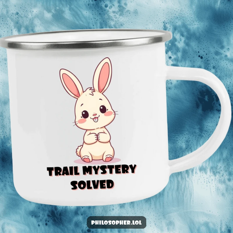 Funny camping mug featuring a happy bunny looking thoughtfully at a large question mark, ideal for enjoying drinks during outdoor contemplation.