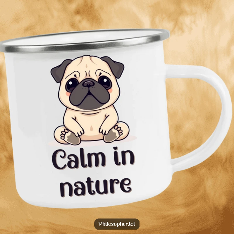 Funny Pug Meditation Camping Mug showcasing a serene pug meditating, perfect for enjoying coffee by the campfire, a humorous travel companion.