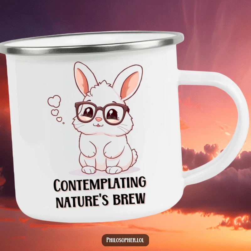 Funny rabbit with glasses pondering, enamel camping mug, intellectual outdoor gear, ideal funny gift.