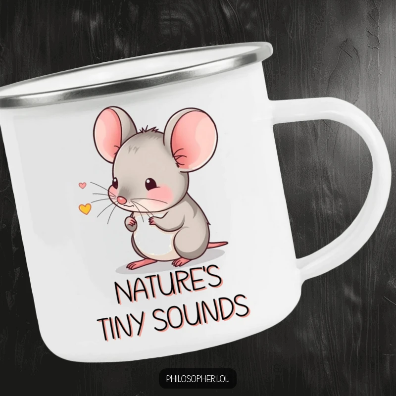 Funny camping mug with a shy mouse intently listening to an echo, perfect for quiet outdoor contemplation.