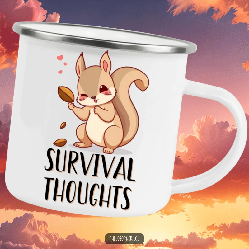 Funny squirrel camping mug showing a dramatic squirrel contemplating the reasons for dropping a nut.