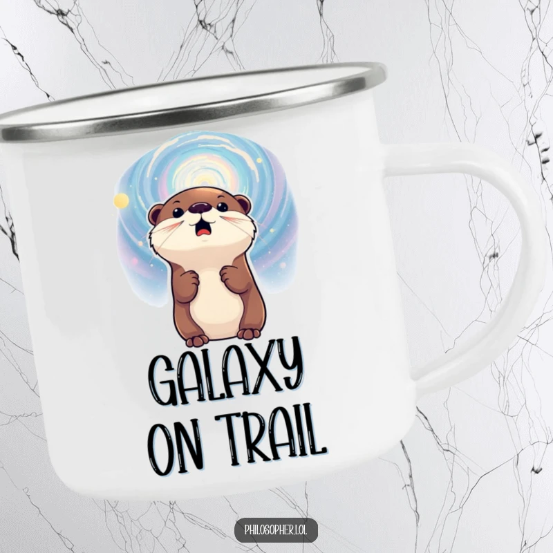 Funny camping mug with an excited otter gazing at a galaxy, built for outdoor adventures and adding a touch of cosmic wonder.