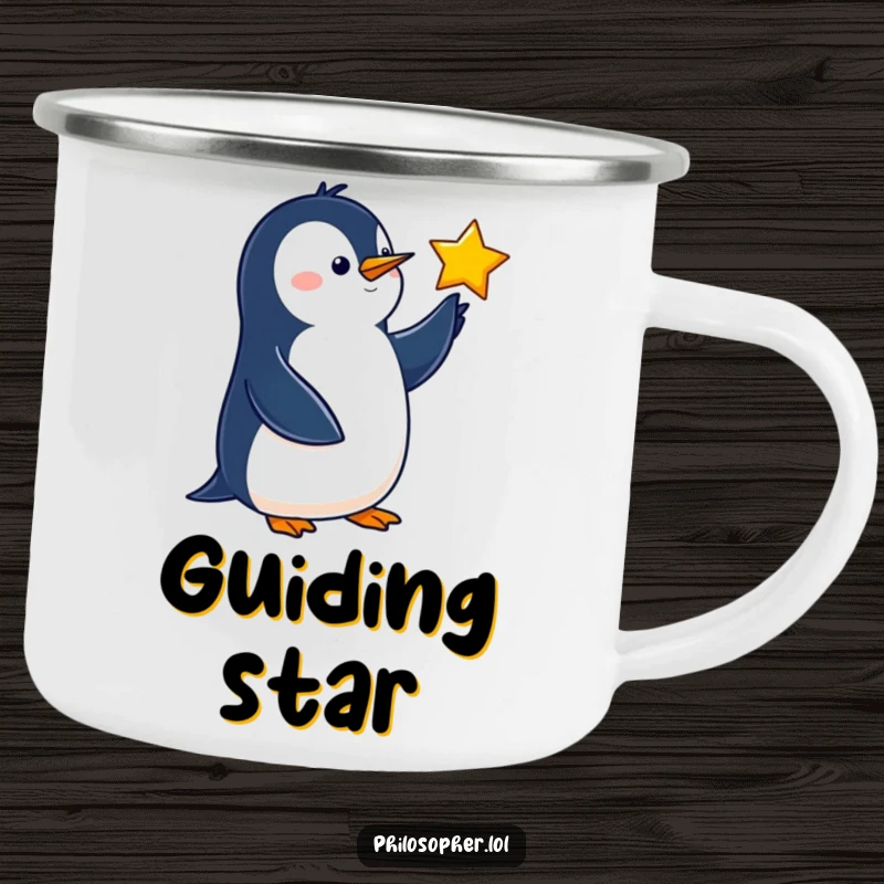 Funny penguin camping mug showing a wise bird pointing at a star, perfect for outdoor inspiration.