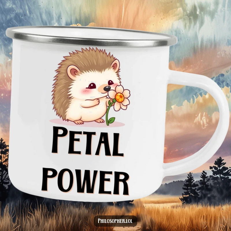 Funny wobbly hedgehog camping mug: a rugged mug with a hedgehog wobbling near a flower, symbolizing gentle outdoor appreciation.