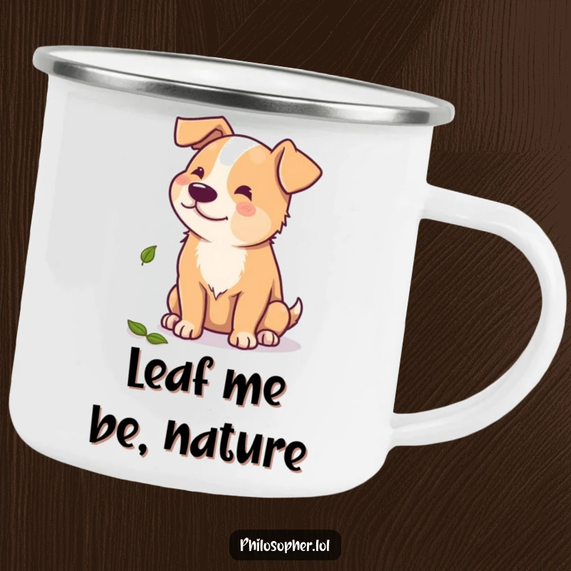 Funny camping mug featuring a beaming dog contemplating a single scattered autumn leaf, perfect for enjoying nature's humor.