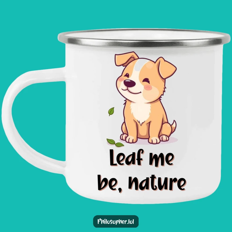 Funny Dog Camping Mug: Beaming Pup Pondering Leaf, Outdoor Humor Gift
