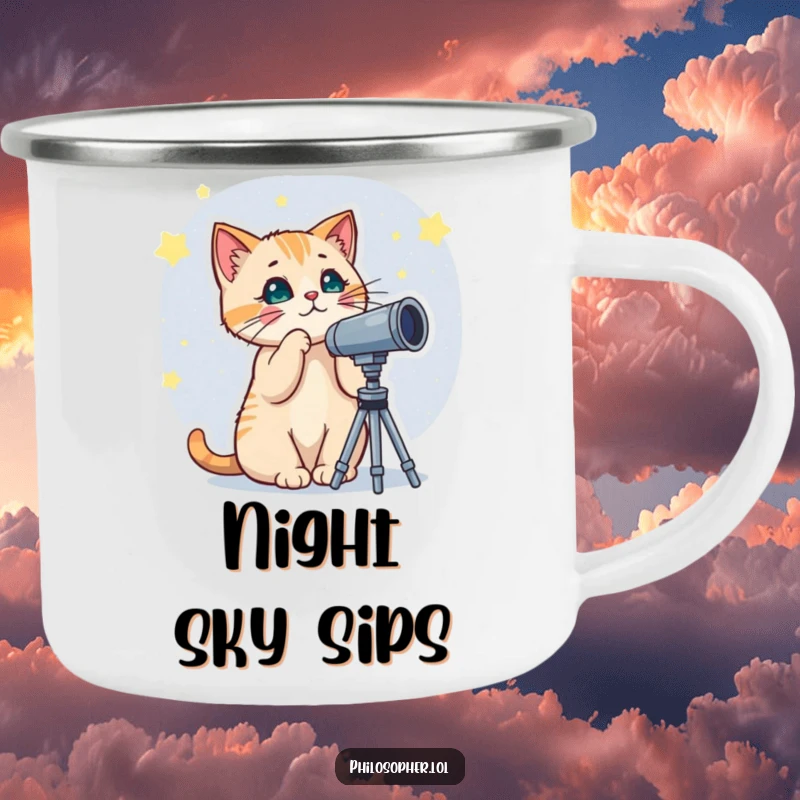 Funny camping mug showing a curious cat with a telescope, gazing at stars, perfect for enjoying a warm drink under the night sky.