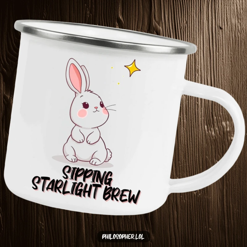 Funny rabbit camping mug with a bunny gazing at stars, perfect for outdoor adventures and humor.