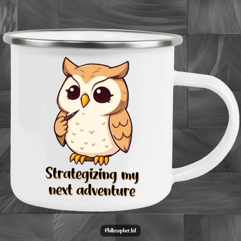 Funny Owl Camping Mug: An owl strokes its chin thoughtfully. This rugged, humorous mug is perfect for outdoor contemplation, a funny gift.