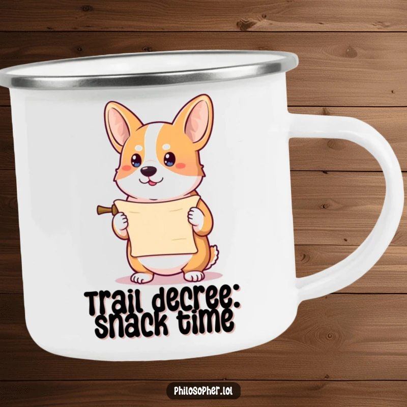 Funny corgi camping mug with a determined corgi holding a tiny scroll, perfect for adventures and humor.