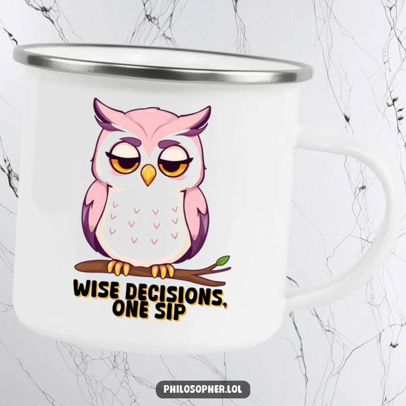 Funny camping mug with a contemplative owl stroking its chin, brow furrowed, ideal for outdoor thought.