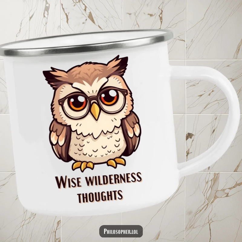 Funny owl camping mug, curious owl wearing tiny spectacles deep in thought, outdoor drinkware, wise bird graphic.