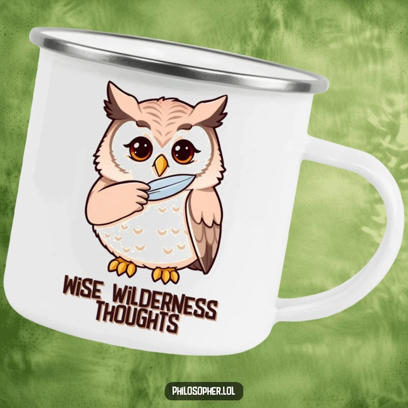 Funny owl camping mug showing a thoughtful owl stroking its chin, a wise and durable mug for outdoor contemplation.