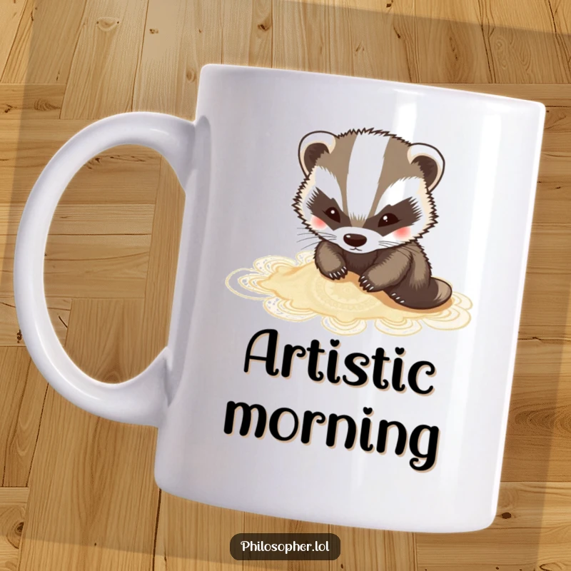 Funny charming badger mug meticulously sketching intricate patterns in the sand with its paw.