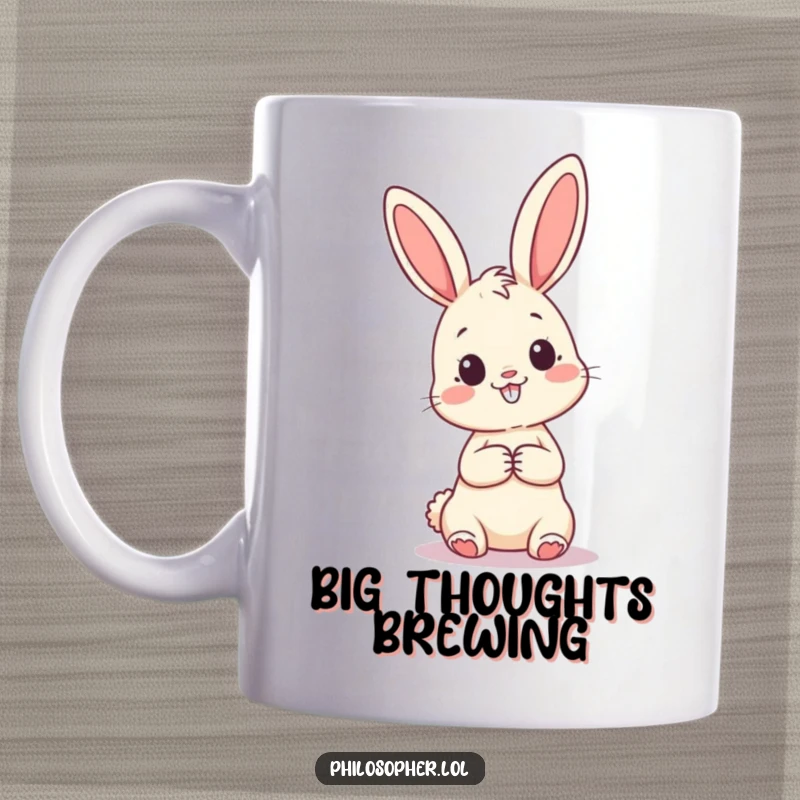 Funny mug showing a happy bunny looking up inquisitively at a giant, hanging question mark, symbolizing curiosity and wonder.