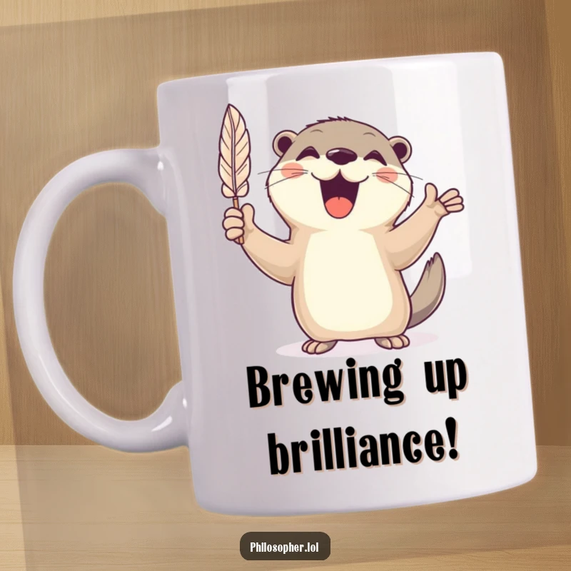 Funny mug of a cheerful otter enthusiastically gesturing with a feather quill, symbolizing creativity and storytelling.