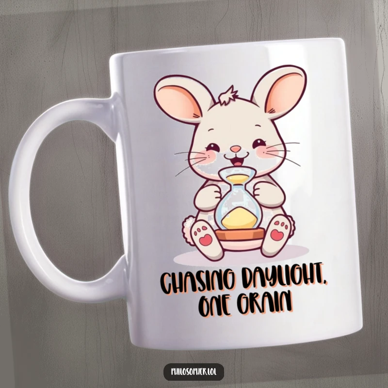 Funny Mug: Bouncing bunny intently watches sand flow through a tiny hourglass, a symbol of playful patience and humor.