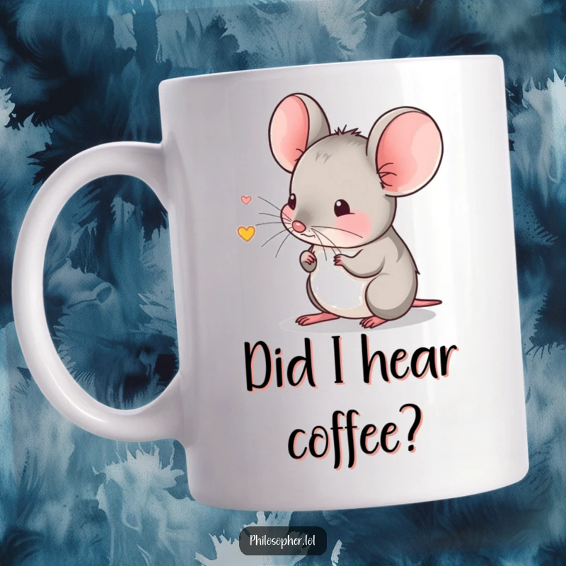 Funny mug featuring a shy mouse intently listening to a tiny echo, conveying quiet contemplation and curiosity.