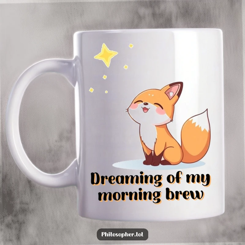 Funny mug with a joyful fox looking up at a distant, twinkling star with hopeful eyes.