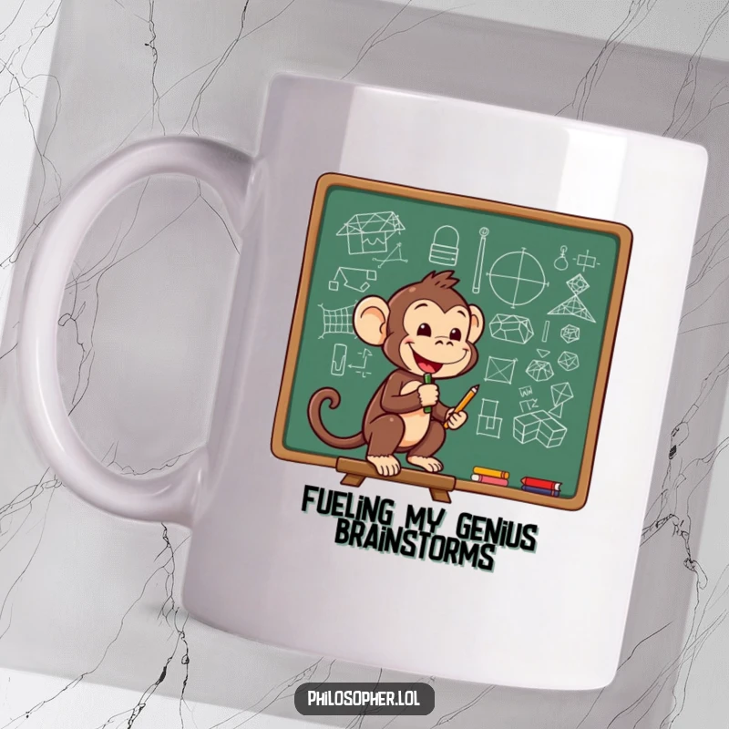 Funny mug depicting a cheerful monkey intently sketching complex scientific diagrams on a chalkboard, highlighting intelligence.
