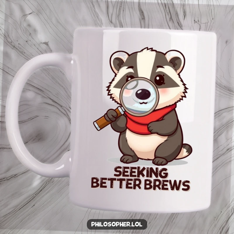 Funny ceramic mug featuring a thoughtful badger holding a magnifying glass, examining something with great concentration and humorous curiosity.