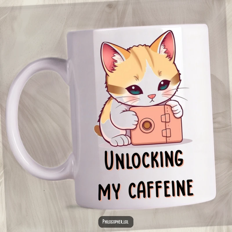 Funny cat mug featuring a curious cat intensely focused on trying to unlock a tiny, mysterious box.