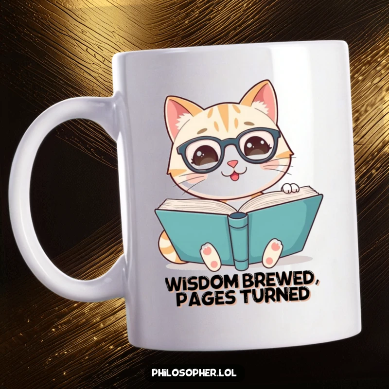 Funny mug showing a smiling cat wearing spectacles, intently reading a large, old book, embodying studiousness.
