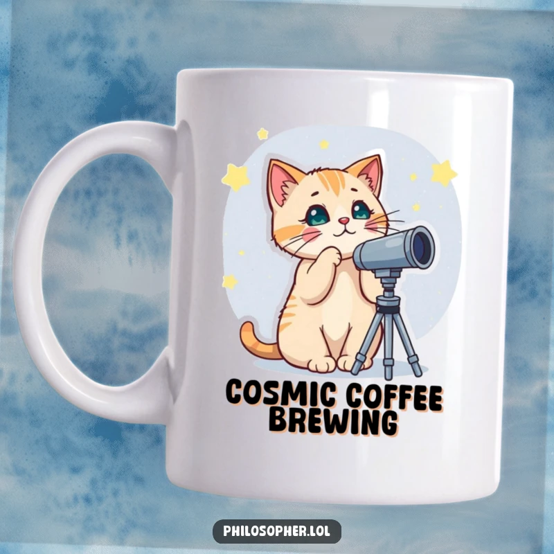 Funny mug showing a curious cat peering through a telescope at the stars, embodying wonder and the pursuit of cosmic knowledge.
