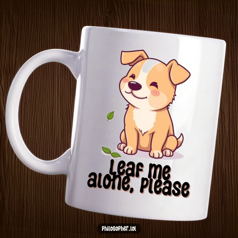 Funny mug with a beaming dog staring intently at a single fallen leaf, capturing a moment of autumn introspection with playful humor.
