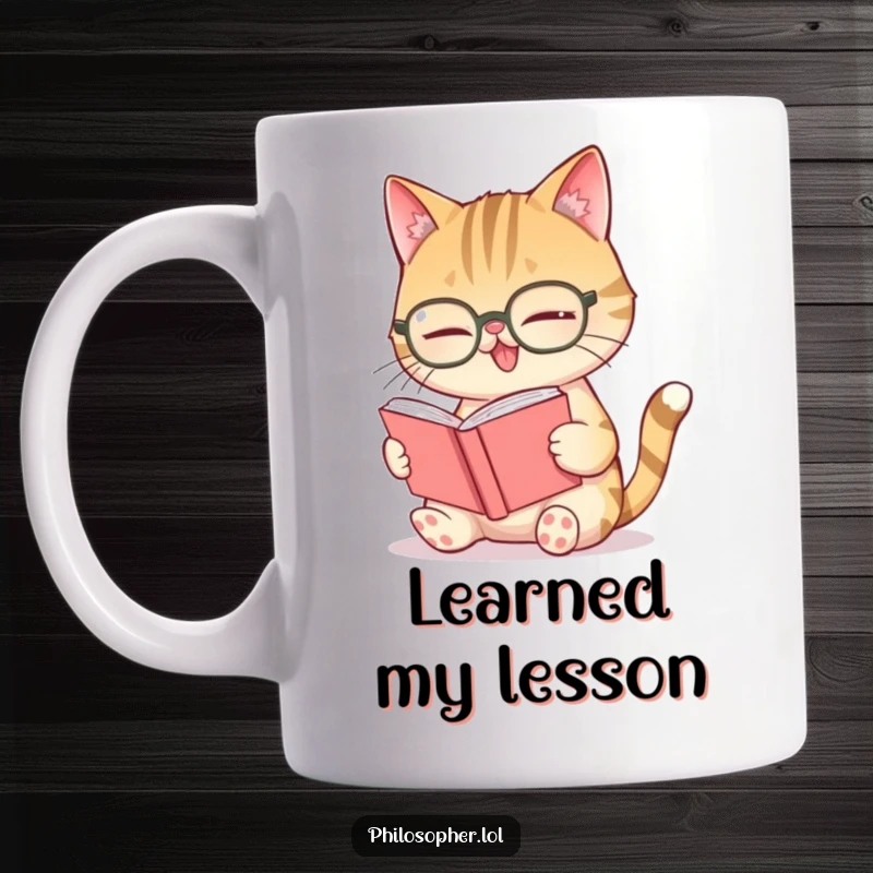 Funny giggling cat mug, a wise cat wearing spectacles, intensely reading a minuscule book with a look of amusement.