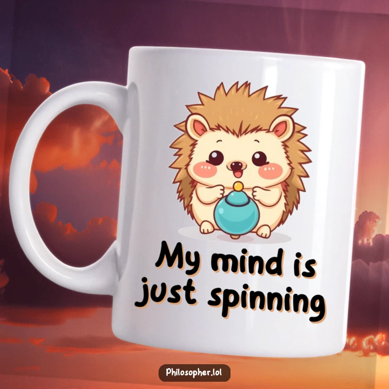 Funny hedgehog mug featuring a happy hedgehog intensely focused on a spinning top, hinting at deep philosophical thought.