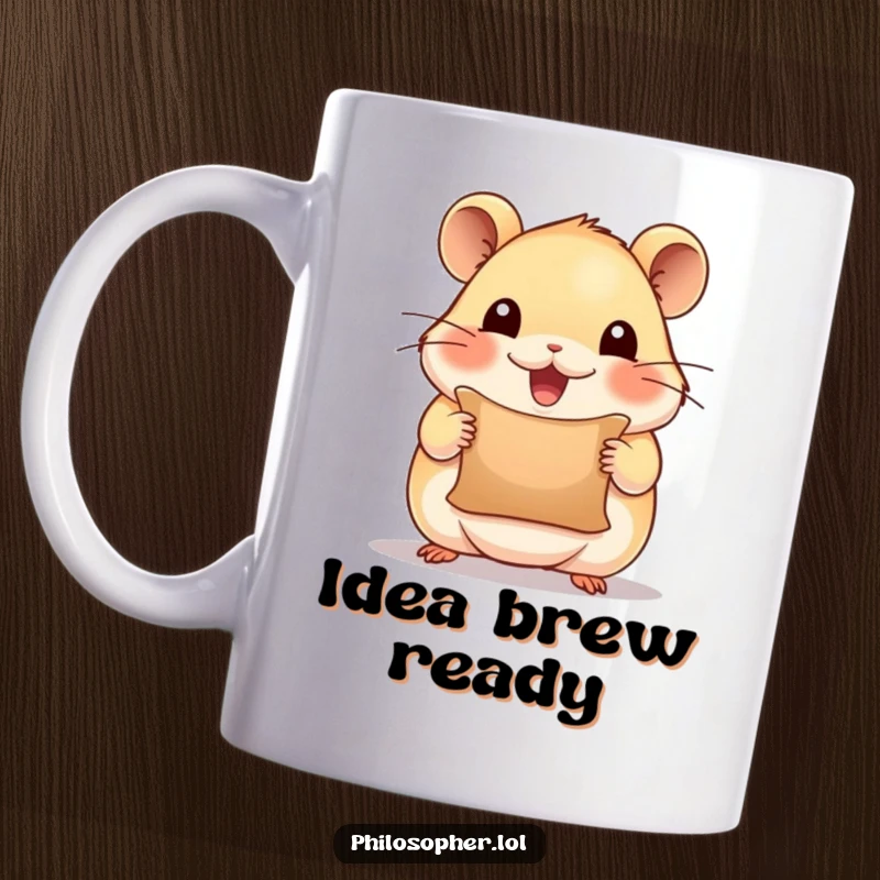 Funny mug with a beaming hamster holding a tiny scroll, looking inspired and ready to share brilliant ideas, a motivational design.
