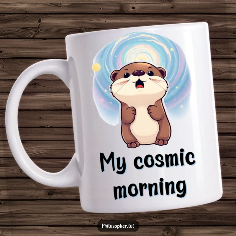 Funny mug with an excited otter looking intently at a swirling galaxy, capturing a sense of wonder and cosmic fascination.