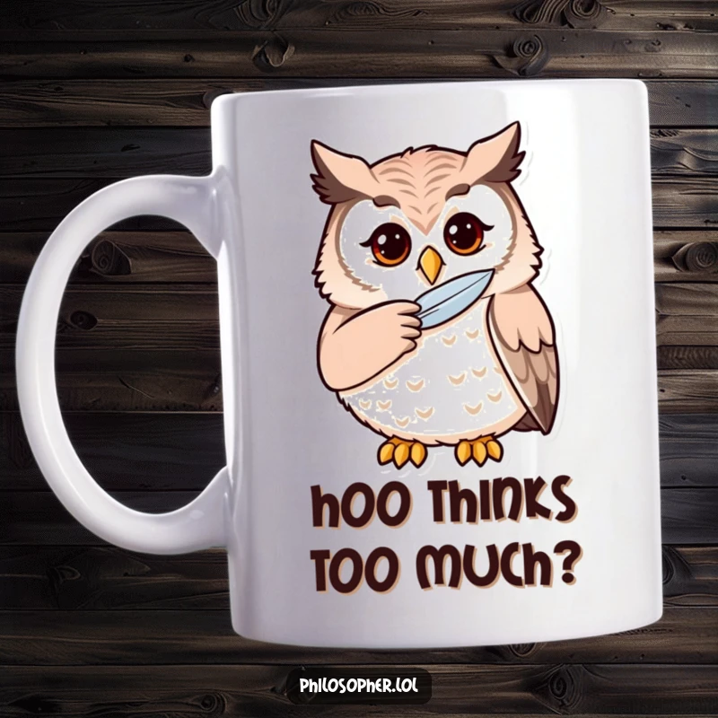 Funny owl stroking its chin with a feather mug, depicting deep thought and intellectual humor.