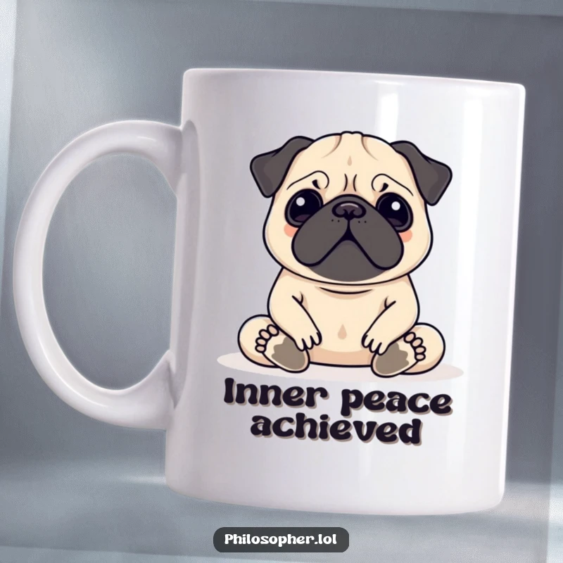 Funny Pug Meditation Mug showing a contented pug with closed eyes, palms together, in a serene yoga pose, radiating calm.