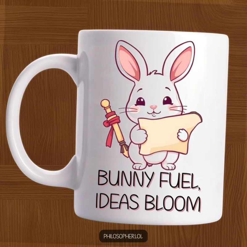 Funny Rabbit Mug: A playful rabbit holds an inspired scroll. This humorous mug celebrates creativity, perfect for a funny gift.