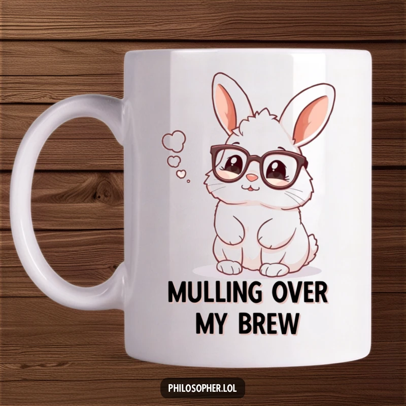 Funny rabbit with glasses pondering thought bubble, intellectual humor mug, perfect gift for readers and thinkers.