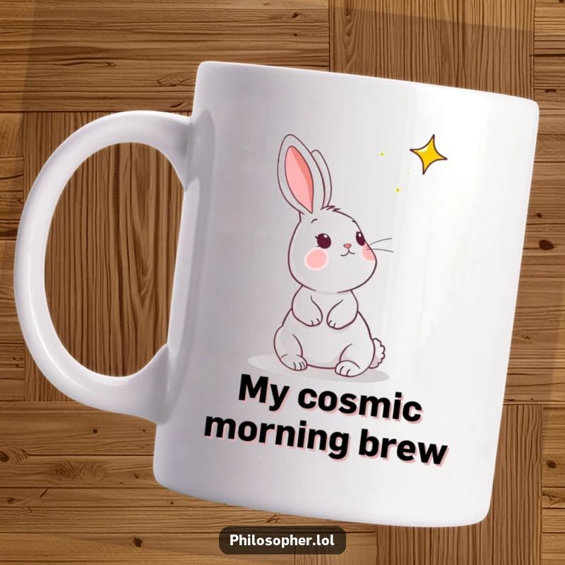 Funny rabbit mug with a playful bunny gazing dreamily at a distant star, embodying whimsical aspiration and humor.