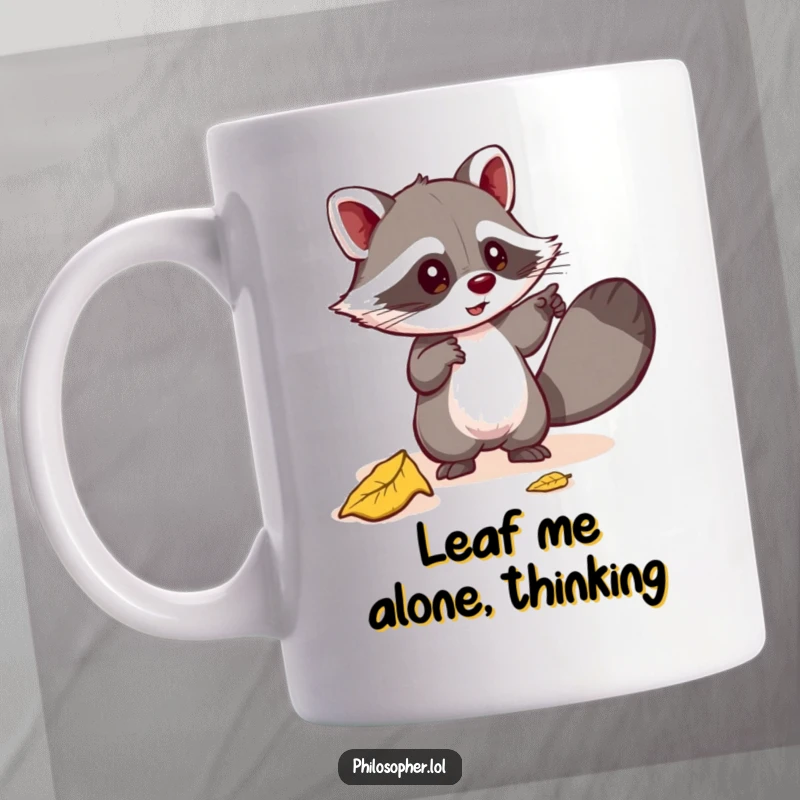 Funny mug with a mischievous raccoon pointing excitedly at a fallen leaf, seeking its deeper meaning. Humorous nature art. Gift.
